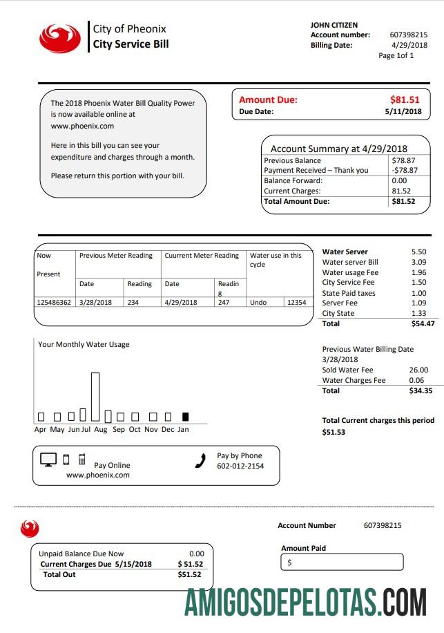 imprimível Modelo de conta de serviços públicos da cidade de Phoenix, Arizona, EUA, em formato Word e PDF
